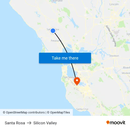 Santa Rosa to Silicon Valley map