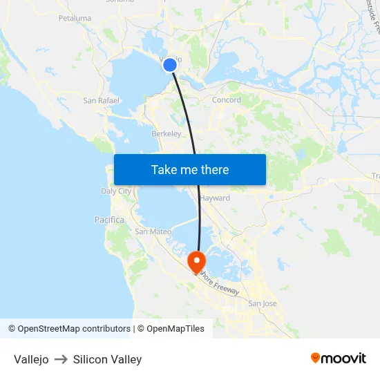 Vallejo to Silicon Valley map