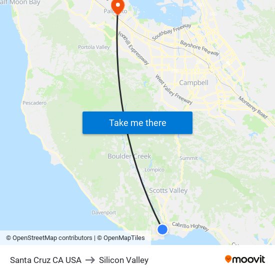 Santa Cruz CA USA to Silicon Valley map