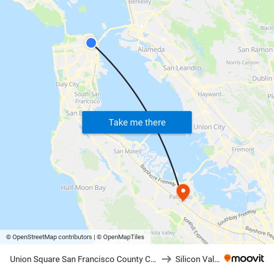 Union Square San Francisco County CA USA to Silicon Valley map
