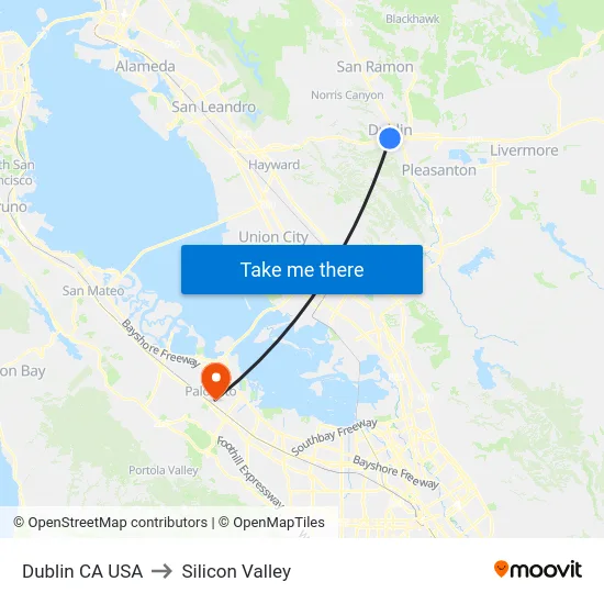 Dublin CA USA to Silicon Valley map