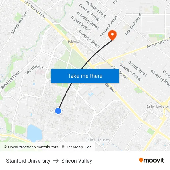 Stanford University to Silicon Valley map