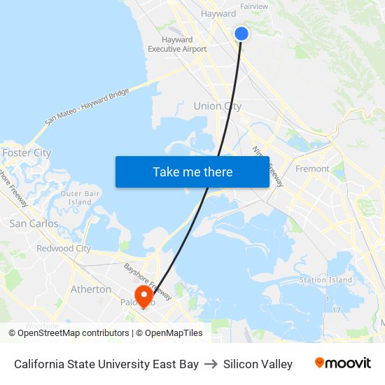 California State University East Bay to Silicon Valley map
