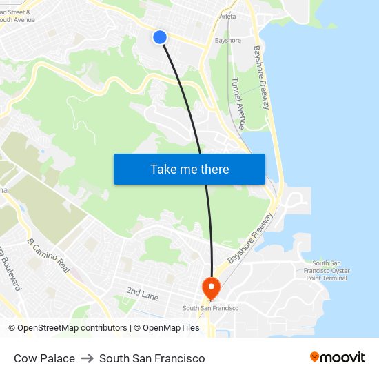 Cow Palace to South San Francisco map