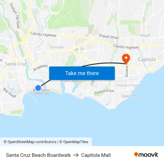 Santa Cruz Beach Boardwalk to Capitola Mall map