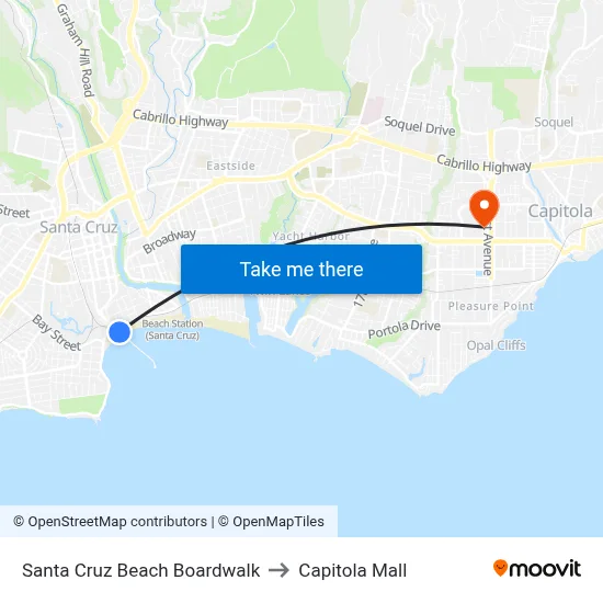 Santa Cruz Beach Boardwalk to Capitola Mall map