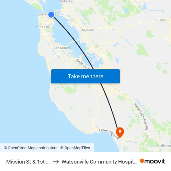 Mission St & 1st St to Watsonville Community Hospital map