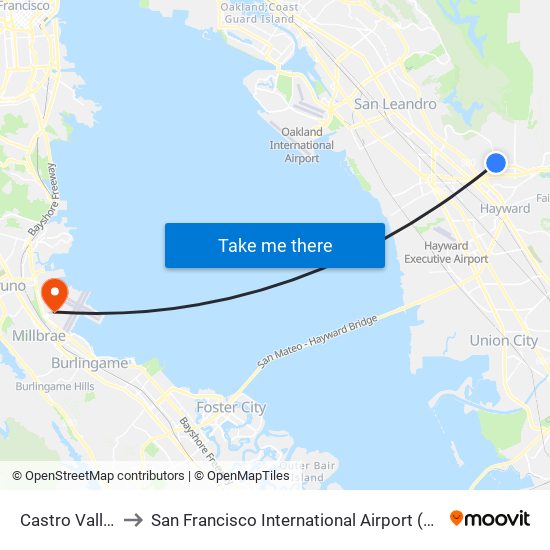 Castro Valley to San Francisco International Airport (Sfo) map