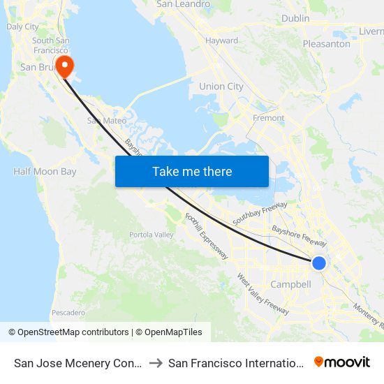 San Jose Mcenery Convention Center to San Francisco International Airport (Sfo) map