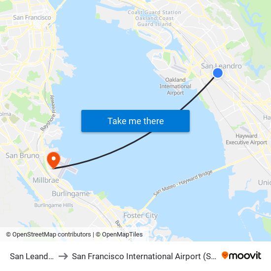 San Leandro to San Francisco International Airport (Sfo) map