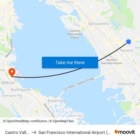 Castro Valley to San Francisco International Airport (Sfo) map