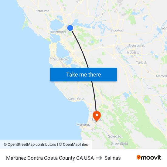 Martinez Contra Costa County CA USA to Salinas map