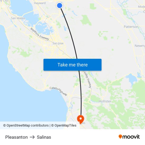 Pleasanton to Salinas map