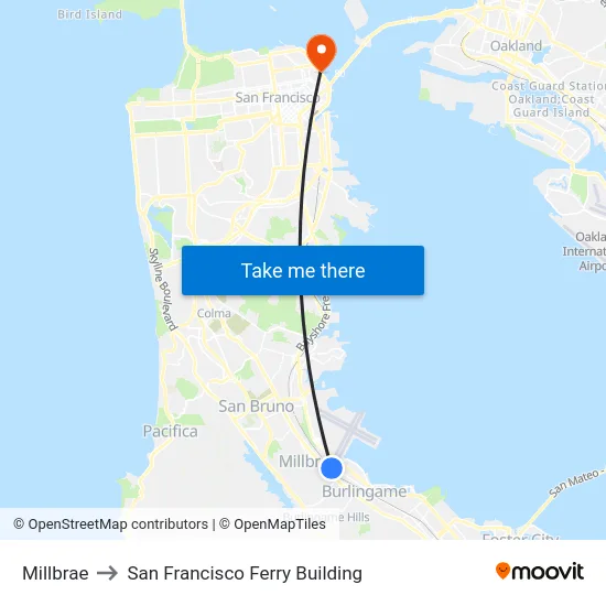 Millbrae to San Francisco Ferry Building map