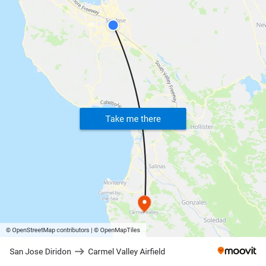 San Jose Diridon to Carmel Valley Airfield map