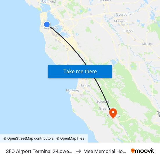 SFO Airport Terminal 2-Lower Level to Mee Memorial Hospital map