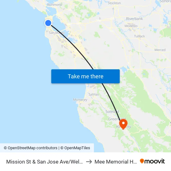 Mission St & San Jose Ave/Wellington Ave to Mee Memorial Hospital map