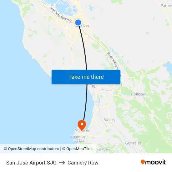 San Jose Airport SJC to Cannery Row map