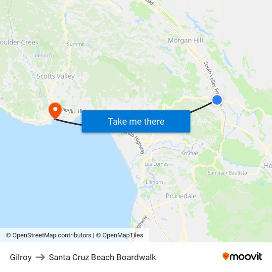 Gilroy to Santa Cruz Beach Boardwalk map