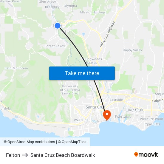 Felton to Santa Cruz Beach Boardwalk map