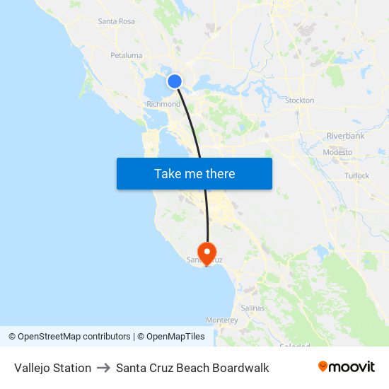 Vallejo Station to Santa Cruz Beach Boardwalk map