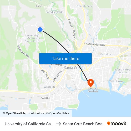 University of California Santa Cruz to Santa Cruz Beach Boardwalk map