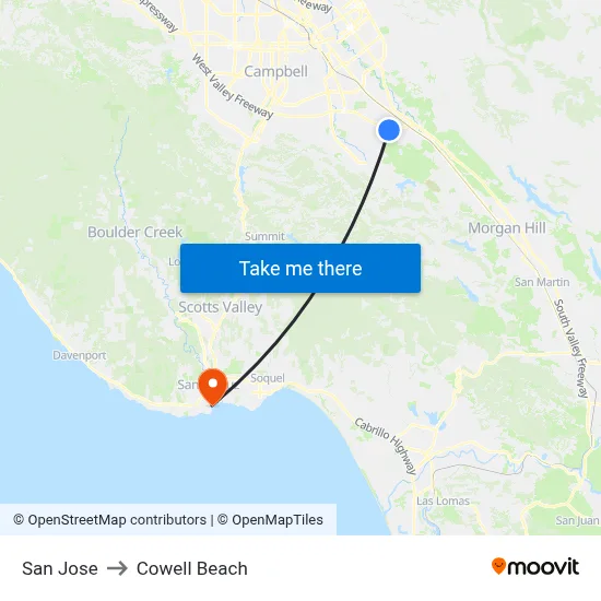 San Jose to Cowell Beach map