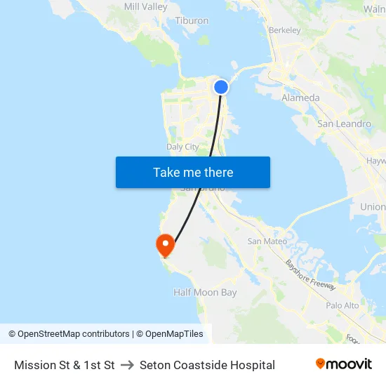Mission St & 1st St to Seton Coastside Hospital map
