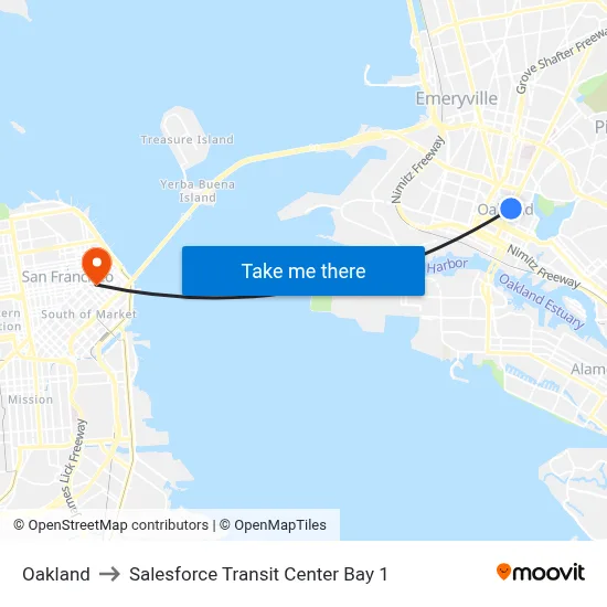Oakland to Salesforce Transit Center Bay 1 map
