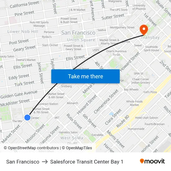 San Francisco to Salesforce Transit Center Bay 1 map