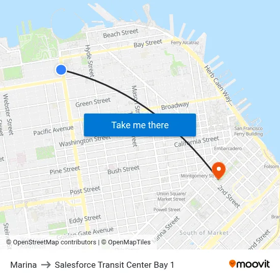 Marina to Salesforce Transit Center Bay 1 map