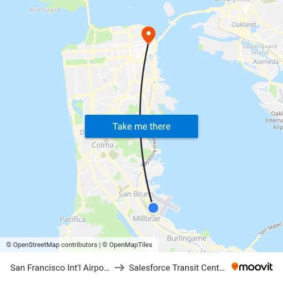 San Francisco Int'l Airport (SFO) to Salesforce Transit Center Bay 1 map