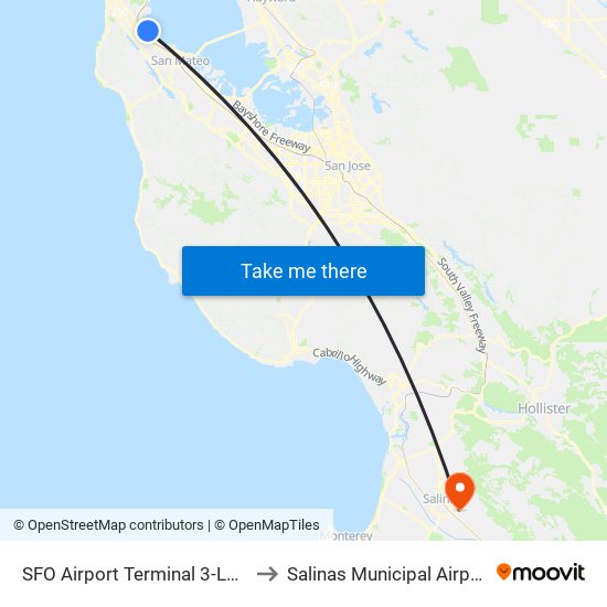 SFO Airport Terminal 3-Lower Level to Salinas Municipal Airport (SNS) map