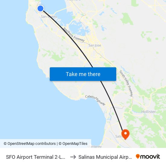 SFO Airport Terminal 2-Lower Level to Salinas Municipal Airport (SNS) map