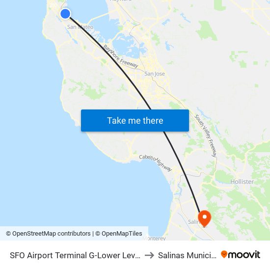 SFO Airport Terminal G-Lower Level (International Terminal Courtyard) to Salinas Municipal Airport (SNS) map