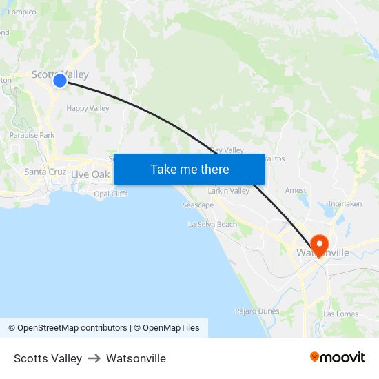 Scotts Valley to Watsonville map