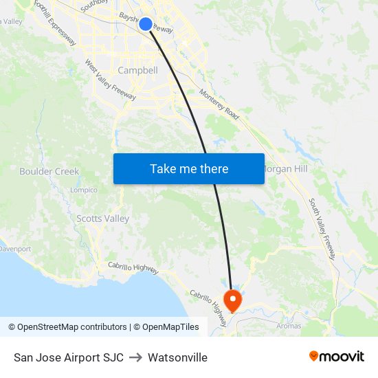 San Jose Airport SJC to Watsonville map