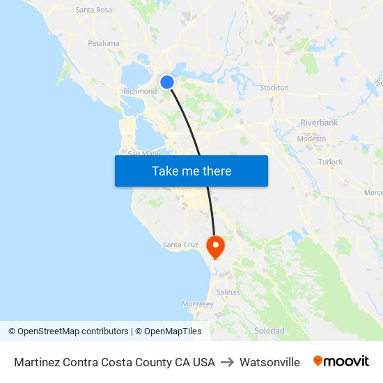Martinez Contra Costa County CA USA to Watsonville map