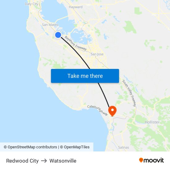 Redwood City to Watsonville map