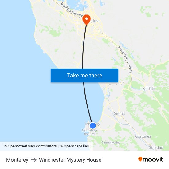 Monterey to Winchester Mystery House map