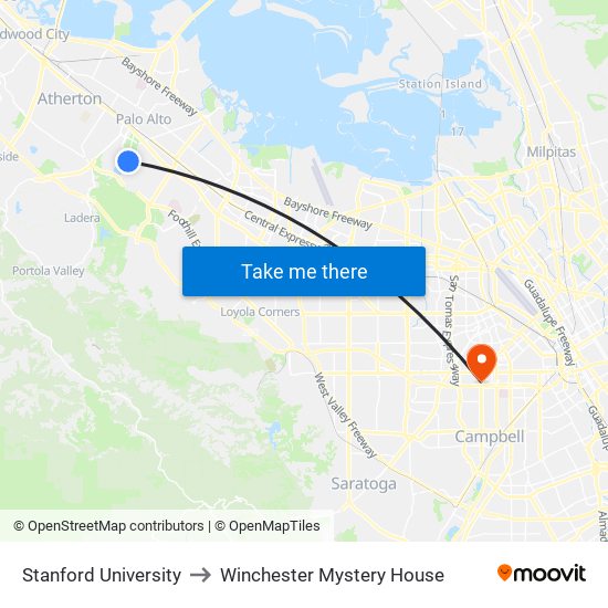 Stanford University to Winchester Mystery House map