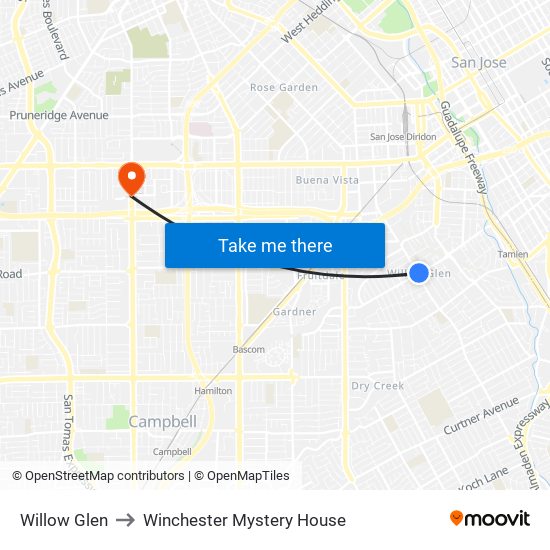 Willow Glen to Winchester Mystery House map