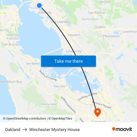 Oakland to Winchester Mystery House map