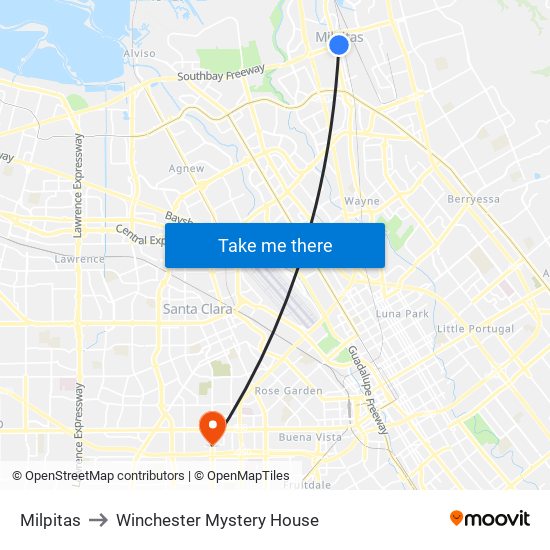 Milpitas to Winchester Mystery House map