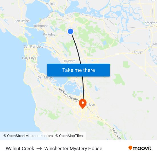 Walnut Creek to Winchester Mystery House map