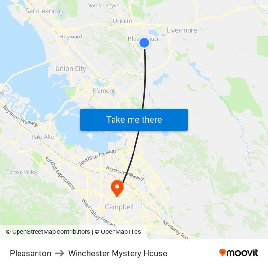 Pleasanton to Winchester Mystery House map