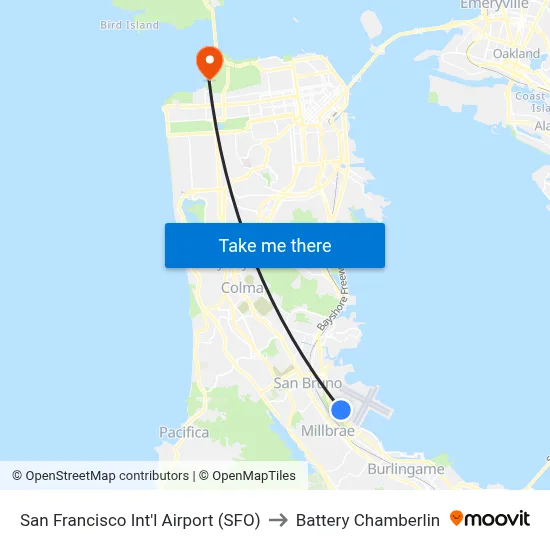 San Francisco Int'l Airport (SFO) to Battery Chamberlin map