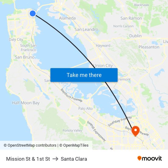 Mission St & 1st St to Santa Clara map