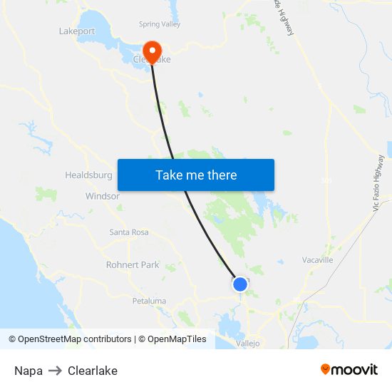 Napa to Clearlake map