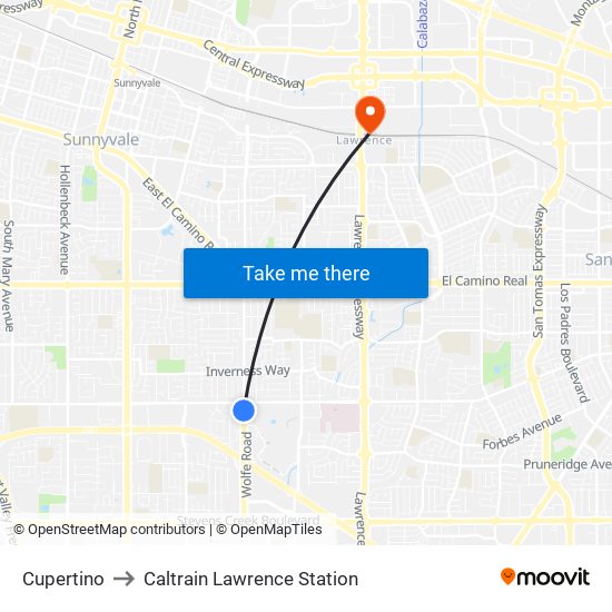 Cupertino to Caltrain Lawrence Station map